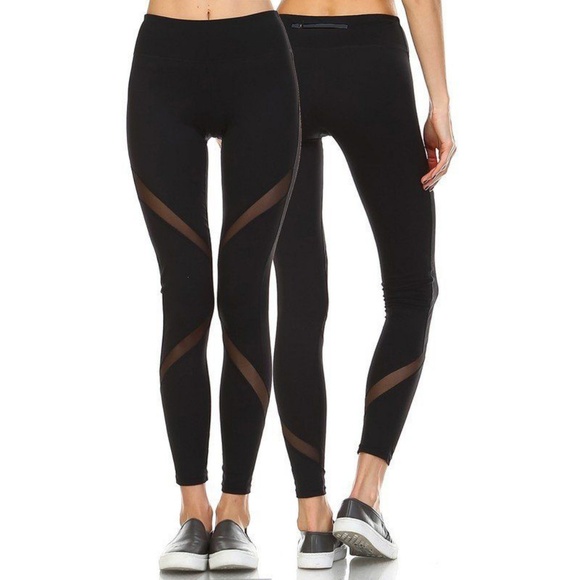 Black Small Mesh Insets High Rise Ankle Leggings - Picture 3 of 3